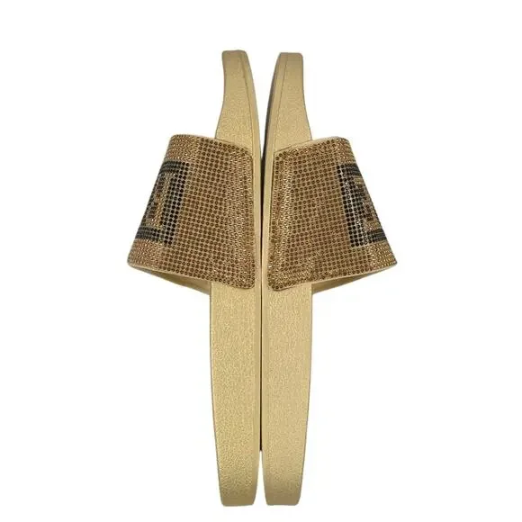 True Religion Jasmin Slide Sandals Gold Bling Rhinestone Studded Spellout - Picture 4 of 7